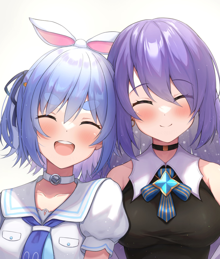 2girls animal_ears blue_hair blush breasts choker closed_eyes closed_mouth collarbone hair_between_eyes heads_together highres hololive hololive_indonesia large_breasts long_hair medium_hair moona_hoshinova multiple_girls neckerchief open_mouth purple_hair rabbit_ears sailor_collar school_uniform short_sleeves simple_background sleeveless smile suicabar72 taut_clothes thick_eyebrows upper_body usada_pekora virtual_youtuber