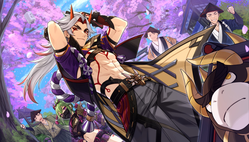 1girl 5boys abs absurdres arataki_itto arms_up blue_sky body_markings bracelet brushing_hair bull cherry_blossoms closed_eyes comb day facial_mark genshin_impact green_hair hat highres horns jacket jewelry kuki_shinobu looking_at_viewer mask midriff mochiko_(tvygbntl) mouth_mask multiple_boys navel ninja ninja_mask oni oni_horns open_clothes open_jacket outdoors pants pectorals red_eyes shorts sky smile spiked_bracelet spikes thick_eyebrows toned tree ushi_(genshin_impact) violet_eyes yellow_eyes