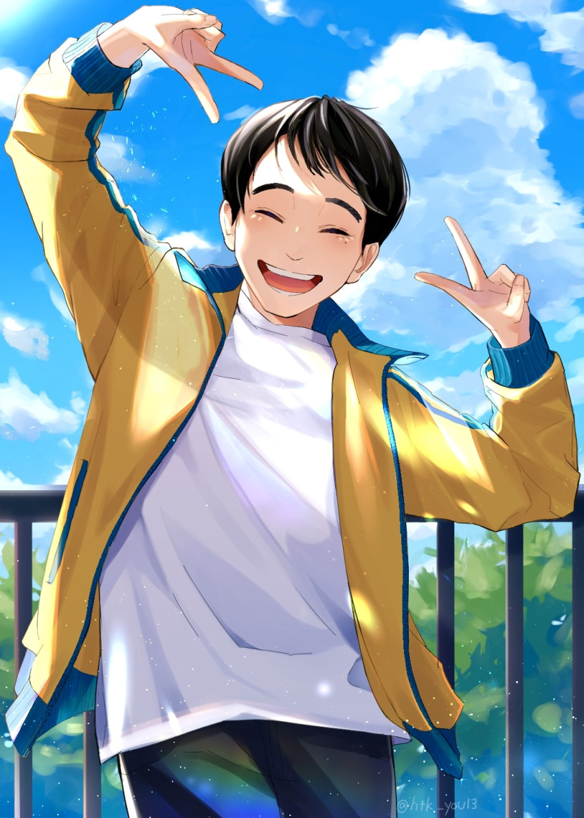 1boy :d artist_name black_hair black_pants blue_sky closed_eyes clouds copyright_request day double_v facing_viewer highres htk_you13 jacket male_focus outdoors pants pose railing shirt short_hair sky smile solo v white_shirt yellow_jacket