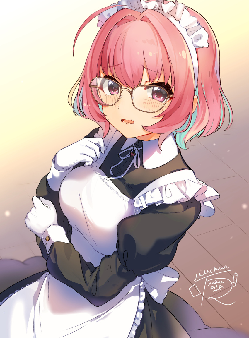 1girl alternate_costume apron black_dress blue_hair breasts dress enmaided frilled_apron frilled_dress frills glasses hair_between_eyes hair_intakes highres idolmaster idolmaster_cinderella_girls indoors juliet_sleeves long_sleeves looking_at_viewer maid maid_apron maid_headdress medium_breasts medium_hair mmmakaron888 multicolored_hair pink_eyes pink_hair puffy_sleeves signature solo two-tone_hair wavy_mouth white_apron wooden_floor wrist_cuffs yumemi_riamu