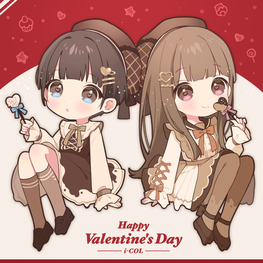 2girls bangs beret blue_eyes blunt_bangs blush brown_hair candy chibi chocolate collared_dress cross-laced_sleeves dress food frilled_shirt_collar frilled_suspenders frills hair_ornament hairclip happy_valentine hat hat_ribbon heart heart-shaped_pupils heart_hair_ornament highres holding holding_candy holding_food holding_lollipop loafers lollipop long_hair long_sleeves looking_at_viewer mameyanagi multiple_girls neck_ribbon original pantyhose parted_lips pink_eyes print_legwear ribbon sailor_collar shirt_tucked_in shoes short_hair sitting skirt sleeves_past_wrists smile socks suspender_skirt suspenders symbol-shaped_pupils valentine