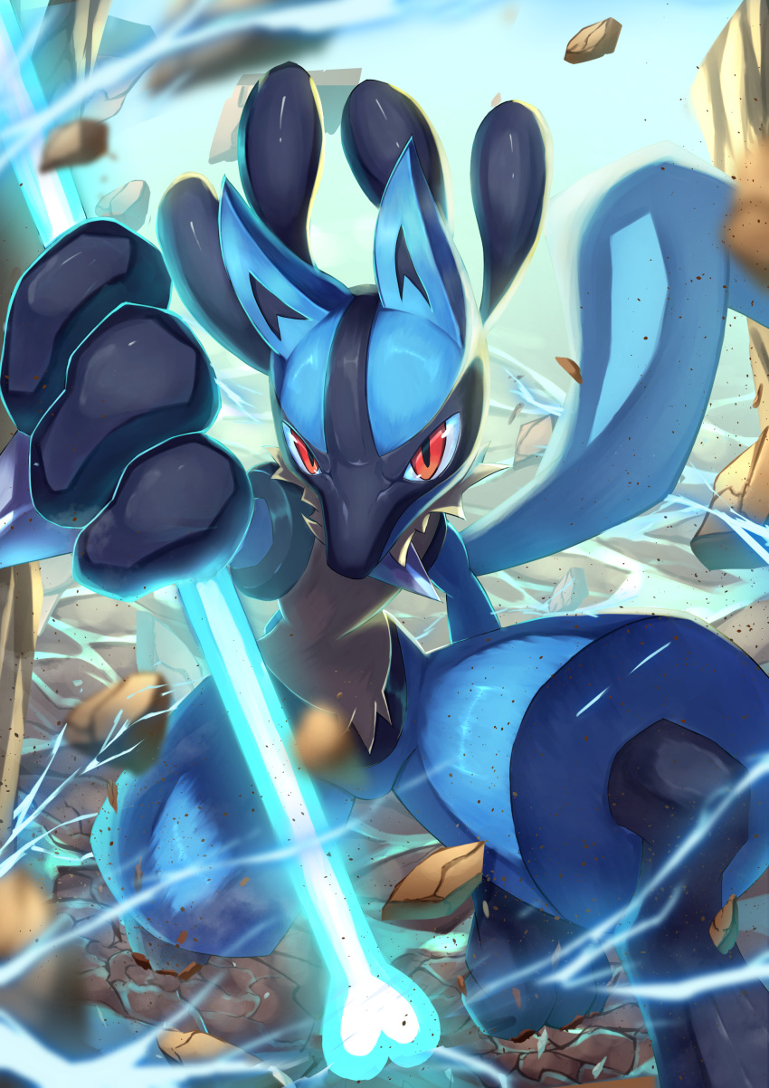 1other absurdres blurry bone commentary_request electricity furry highres holding holding_bone lucario outdoors pokemon pokemon_(creature) red_eyes ririri_(user_rkrv7838) rock solo