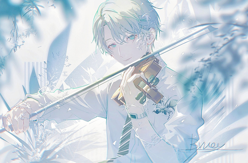 1boy bangs bishounen bow_(music) byuey eyeliner highres instrument long_sleeves looking_at_viewer makeup male_focus music original parted_bangs playing_instrument short_hair solo upper_body violin