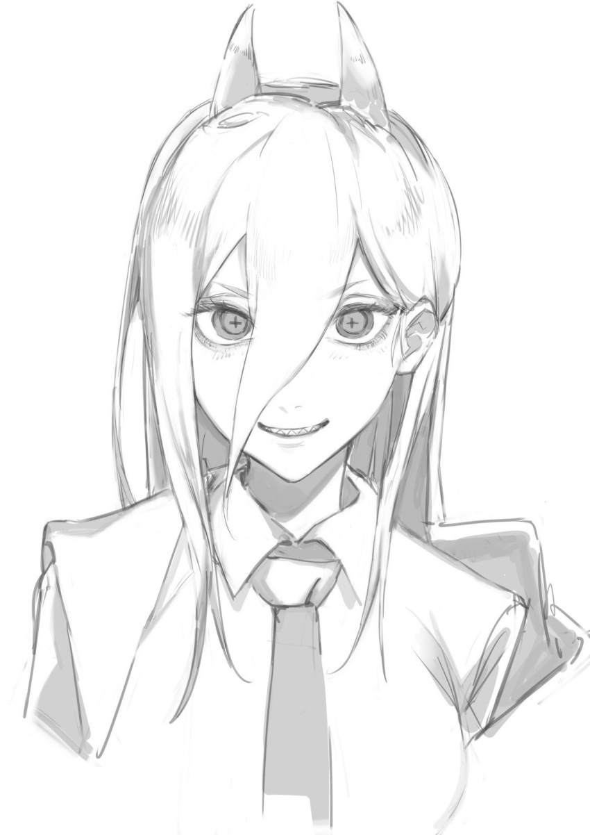 1girl chainsaw_man cross-shaped_pupils drawing_alpaca grey_background greyscale hair_between_eyes highres horns long_hair looking_at_viewer monochrome necktie parted_lips power_(chainsaw_man) sharp_teeth simple_background sketch smile solo symbol-shaped_pupils teeth upper_body