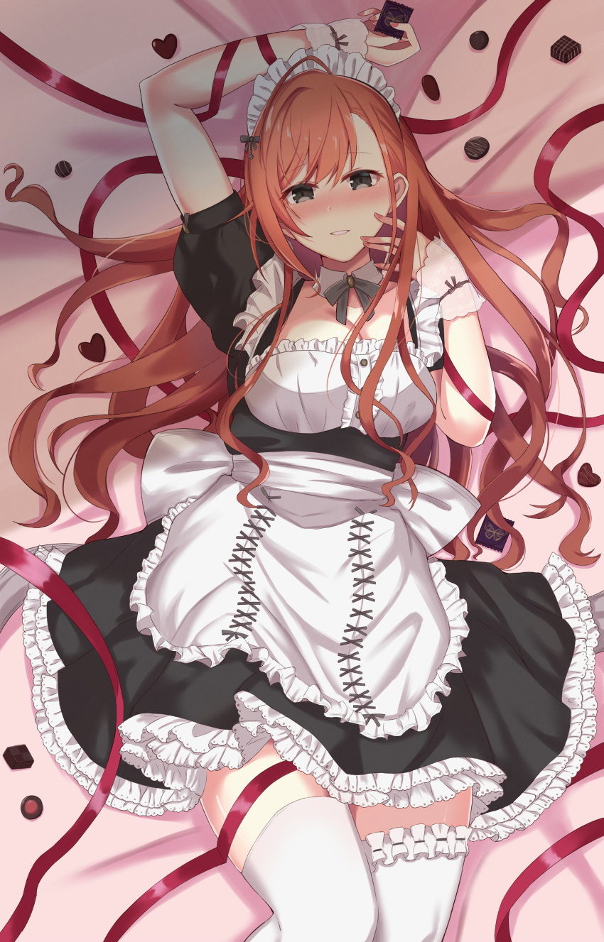 1girl 777nasu absurdres apron arisugawa_natsuha black_eyes commentary_request detached_collar frilled_skirt frills highres idolmaster idolmaster_shiny_colors long_hair looking_at_viewer lying maid maid_headdress miniskirt on_back on_bed orange_hair puffy_short_sleeves puffy_sleeves short_sleeves skirt solo thigh-highs valentine waist_apron white_apron zettai_ryouiki