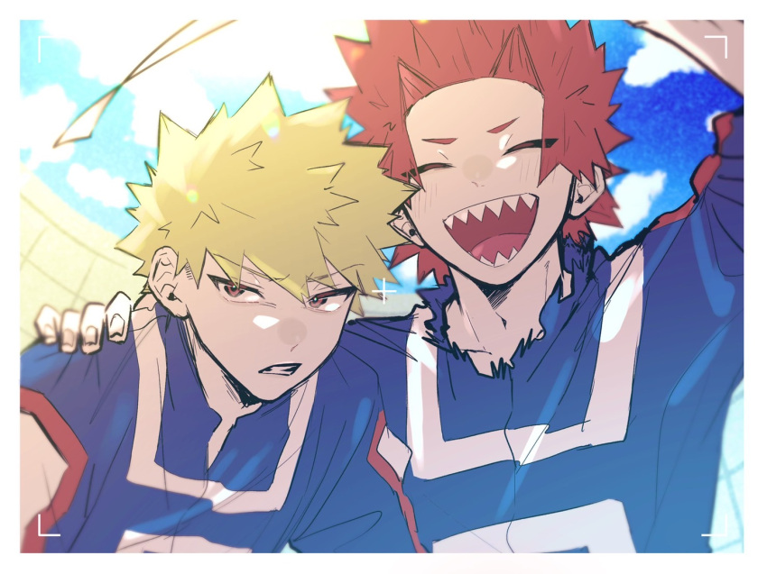 2boys :d ^_^ arm_around_shoulder bakugou_katsuki blonde_hair boku_no_hero_academia border closed_eyes clouds fisheye hand_on_another's_shoulder hane11254 kirishima_eijirou looking_at_viewer male_focus multiple_boys open_mouth red_eyes redhead sharp_teeth sky smile spiky_hair teeth torn_clothes track_suit u.a._gym_uniform viewfinder white_border