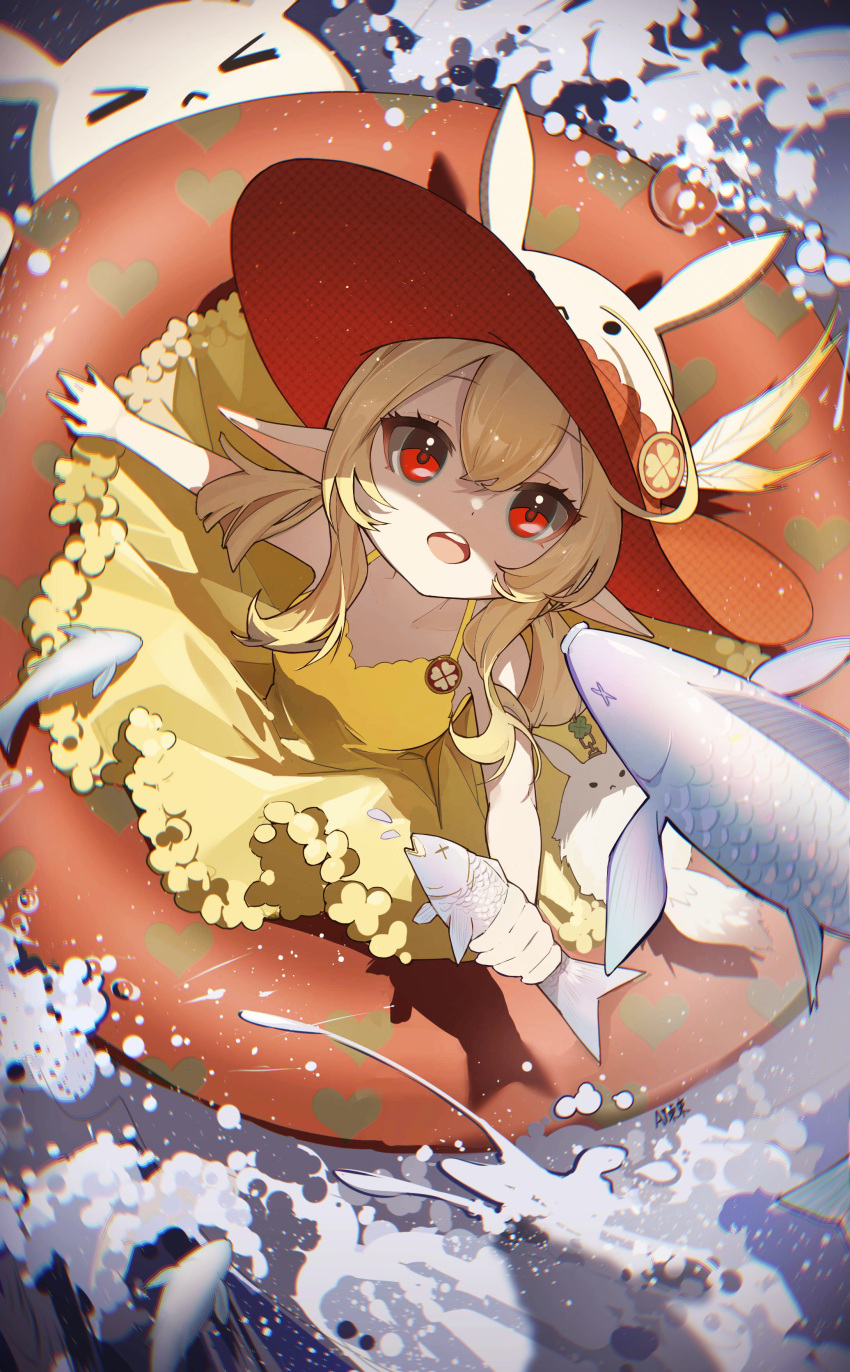 1girl :d absurdres ahoge ai_dongdong alternate_costume animal bangs casual clover_print collarbone commentary_request contemporary dodoco_(genshin_impact) dress fish flying_fish from_above genshin_impact hair_between_eyes hat hat_feather hat_ornament highres holding holding_animal holding_fish in_water innertube jumpy_dumpty klee_(genshin_impact) light_brown_hair long_hair looking_at_viewer looking_up low_twintails ocean pointy_ears red_eyes shaded_face sidelocks sleeveless smile spaghetti_strap stuffed_animal stuffed_toy sun_hat twintails yellow_dress