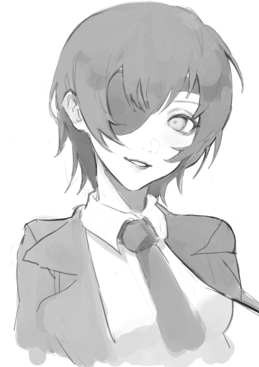 1girl absurdres chainsaw_man drawing_alpaca eyepatch grey_background greyscale highres himeno_(chainsaw_man) looking_at_viewer monochrome necktie parted_lips short_hair simple_background sketch smile solo teeth upper_body