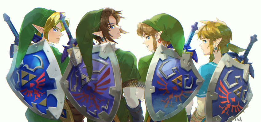 4boys bangs blonde_hair blue_eyes blue_tunic crossover earrings from_behind green_headwear green_tunic highres jewelry link long_sleeves looking_back low_ponytail male_focus medium_hair multiple_boys parted_bangs parted_lips pointy_ears pra_11 shield shirt short_hair sidelocks smile sword the_legend_of_zelda the_legend_of_zelda:_breath_of_the_wild the_legend_of_zelda:_ocarina_of_time the_legend_of_zelda:_skyward_sword the_legend_of_zelda:_twilight_princess triforce upper_body weapon weapon_on_back white_background white_shirt