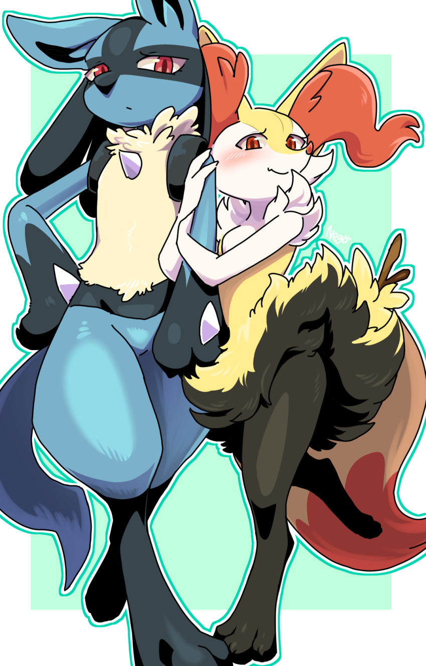 1boy 1girl animal_ear_fluff animal_ears animal_feet animal_nose arm_at_side arm_hug artist_name black_fur blue_fur blush body_fur border braixen claws closed_mouth commentary_request fang flat_chest fox_ears fox_girl fox_tail full_body fur_collar furry furry_female furry_male green_background green_outline half-closed_eyes hand_on_hip hands_up happy highres leg_up looking_at_viewer lucario multicolored_fur negoya outline outside_border partial_commentary pokemon pokemon_(creature) red_eyes signature simple_background skin_fang smile snout spikes standing standing_on_one_leg stick tail white_border white_fur white_outline wolf_boy wolf_ears wolf_tail yellow_fur