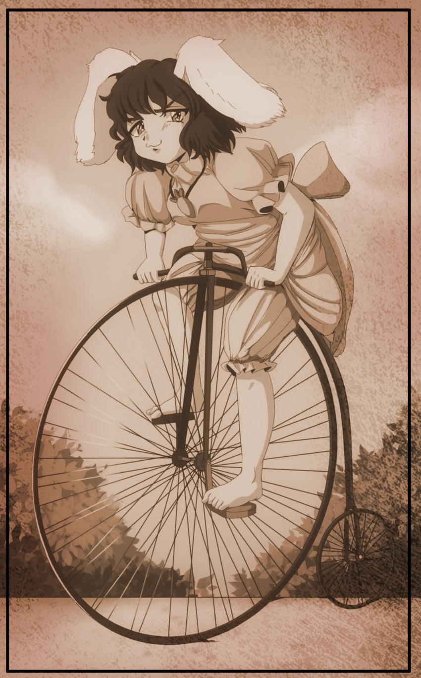 1990s_(style) 1girl :3 animal_ears barefoot bicycle bloomers bush carrot_necklace clouds commentary dress english_commentary floppy_ears frilled_sleeves frills full_body ground_vehicle highres inaba_tewi jewelry looking_at_viewer monochrome necklace outdoors pendant penny-farthing puffy_short_sleeves puffy_sleeves rabbit_ears rabbit_girl retro_artstyle riding riding_bicycle short_hair short_sleeves sky solo step_arts tail touhou underwear