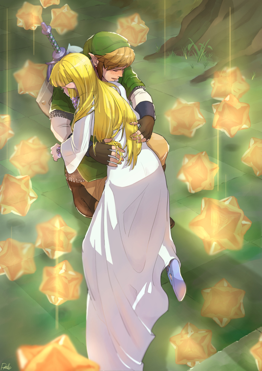 1boy 1girl armor bangs blonde_hair blunt_bangs blush chainmail closed_eyes couple dress fingerless_gloves full_body gloves green_headwear green_tunic hands_on_another's_back highres hug link long_dress long_hair long_sleeves outdoors parted_lips pointy_ears pra_11 princess_zelda shield shirt sidelocks sitting smile sword the_legend_of_zelda the_legend_of_zelda:_skyward_sword tree weapon weapon_on_back white_dress white_shirt wide_sleeves