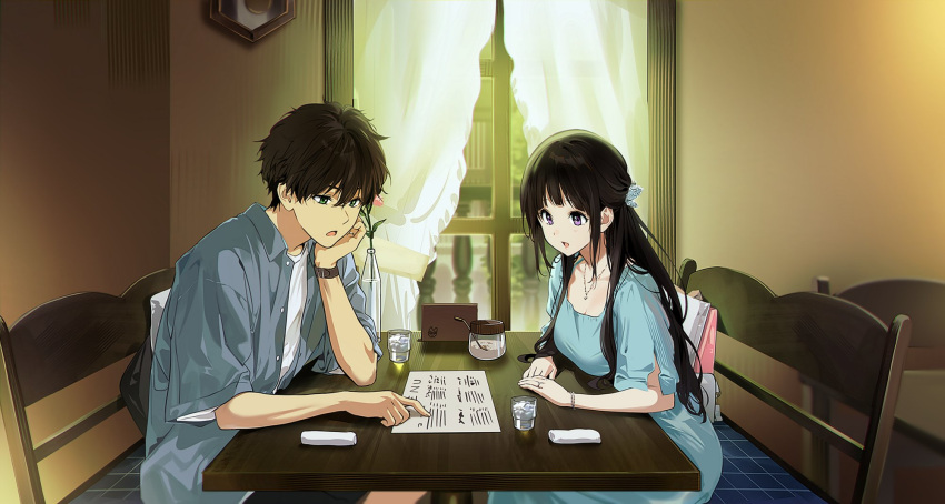 1boy 1girl black_hair blue_dress chitanda_eru couple dress glass green_eyes grey_shirt hetero highres hyouka indoors layered_shirt long_hair menu mery_(yangmalgage) oreki_houtarou shirt sitting table violet_eyes watch watch white_shirt window