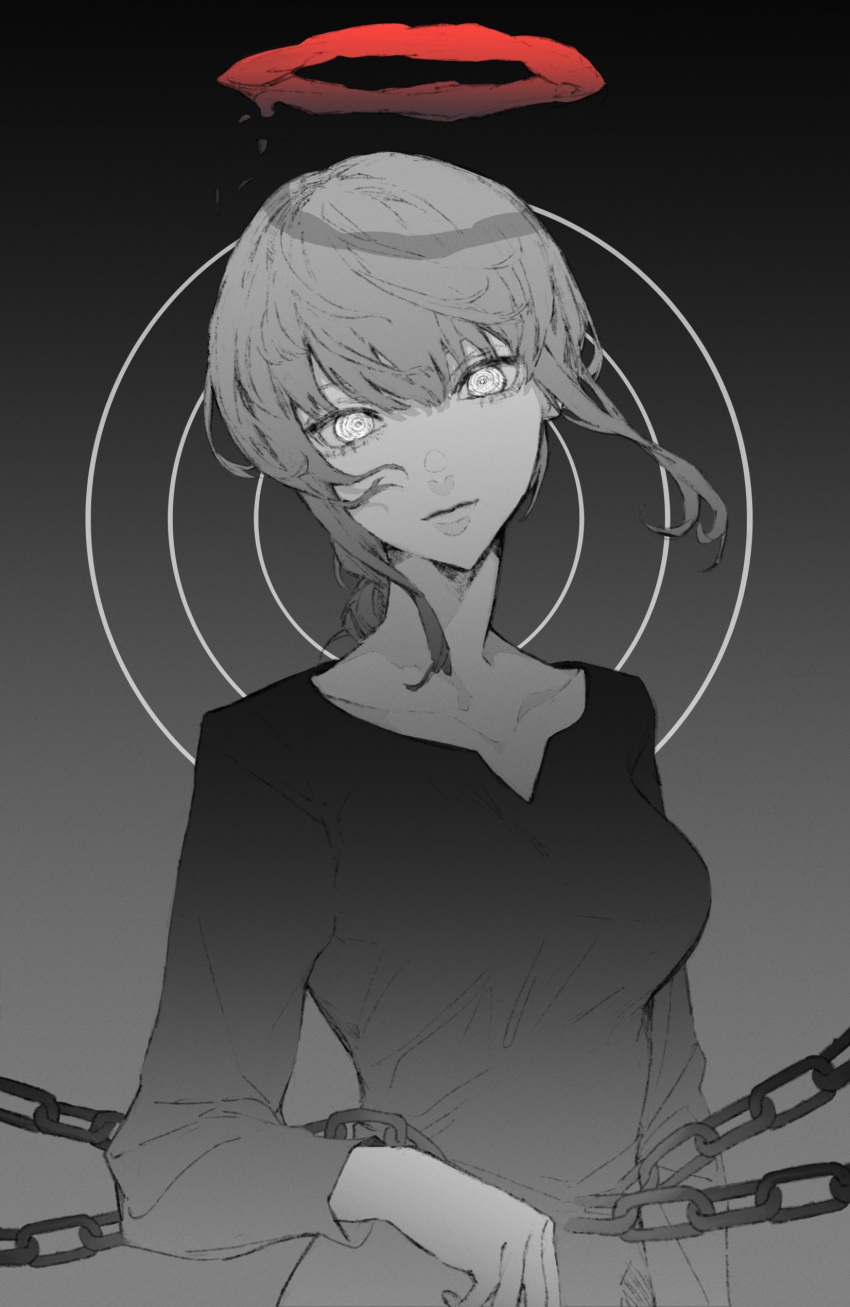 1girl absurdres chain chainsaw_man collarbone dark_halo drawing_alpaca eyelashes gradient gradient_background grey_background greyscale hair_between_eyes halo highres long_hair looking_at_viewer makima_(chainsaw_man) monochrome parted_lips ringed_eyes solo spot_color