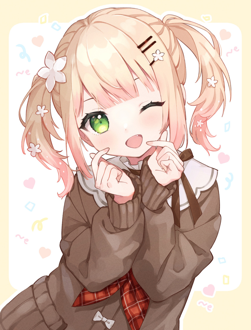 1girl :d bangs blonde_hair blunt_bangs blush bow cardigan collared_shirt double_finger_heart fang finger_heart flower gradient_hair green_eyes hair_flower hair_ornament hairclip hands_up high_collar highres hololive long_hair long_sleeves looking_at_viewer mameyanagi momosuzu_nene multicolored_hair neck_ribbon neckerchief one_eye_closed open_mouth pink_hair plaid_neckerchief ribbon shirt sleeves_past_wrists smile solo twintails two-tone_hair virtual_youtuber