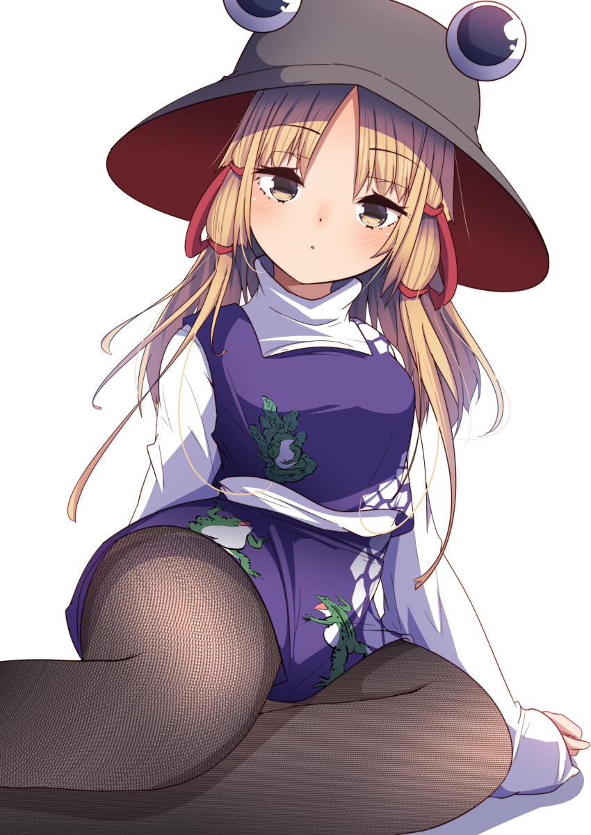 1girl absurdres animal_print bangs blonde_hair breasts darumoon frog_print grey_eyes highres long_sleeves medium_hair miniskirt moriya_suwako pantyhose parted_bangs purple_skirt purple_vest shirt simple_background skirt skirt_set sleeves_past_wrists small_breasts solo thighs touhou turtleneck vest white_background white_shirt wide_sleeves yellow_eyes