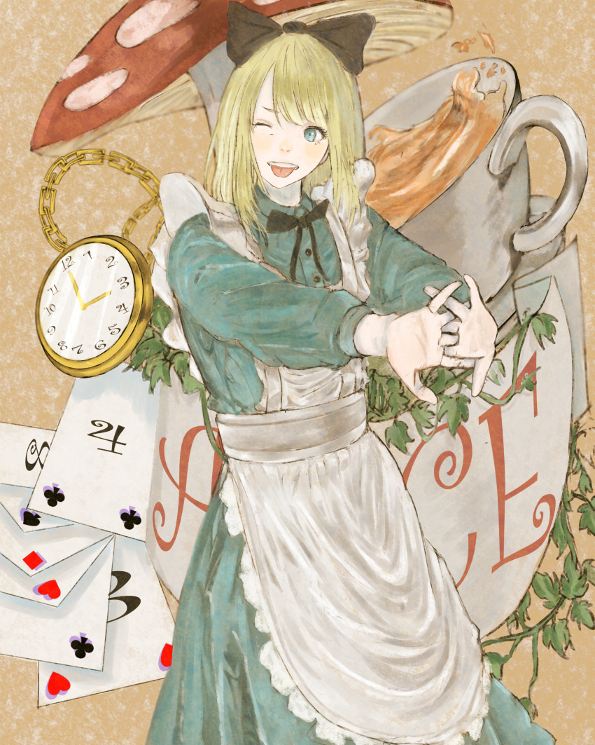 1girl ;d absurdres alice_(alice_in_wonderland) alice_in_wonderland apron black_bow black_bowtie blonde_hair bow bowtie brown_background card character_name cup dress hair_bow highres interlocked_fingers long_hair maid_apron mushroom one_eye_closed playing_card pocket_watch shiro_kuro_(blackhobby) smile stretching tea teacup tongue tongue_out watch