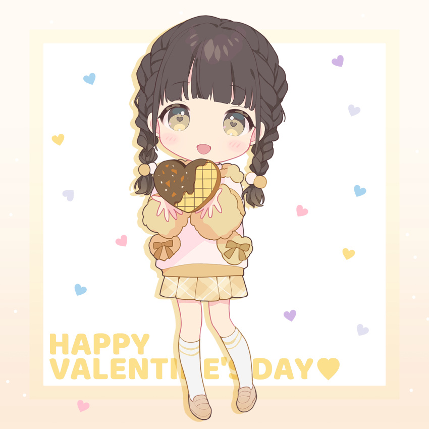 1girl :d bangs black_hair blunt_bangs blush_stickers braid candy chibi chocolate food fur_collar fur_sleeves hair_bobbles hair_ornament happy_valentine heart heart-shaped_chocolate heart-shaped_pupils highres holding holding_chocolate holding_food hood hoodie loafers long_hair looking_at_viewer mameyanagi open_mouth original plaid plaid_skirt pleated_skirt pom_pom_(clothes) pom_pom_hair_ornament shoes skirt smile socks solo symbol-shaped_pupils twin_braids valentine yellow_eyes