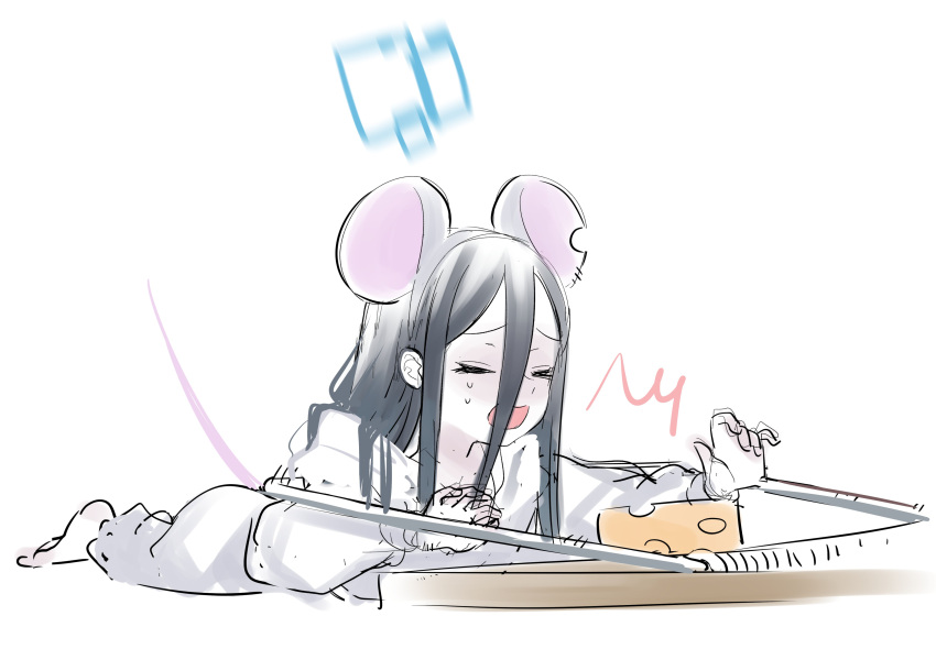 &gt;_&lt; 1girl absurdres animal_ears arisu_(blue_archive) black_hair blanchat blue_archive cheese fake_animal_ears food hair_between_eyes halo highres long_hair mouse_ears mouse_girl mouse_tail mousetrap sketch tail white_background