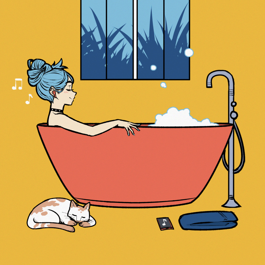 akairiot bath bathing blue_hair bubble_bath cat cellphone highres iru_may_(akairiot) musical_note original phone simple_background towel window yellow_background