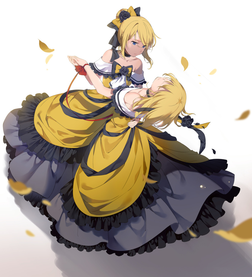 1boy 1girl aku_no_meshitsukai_(vocaloid) aku_no_musume_(vocaloid) allen_avadonia arched_back bare_shoulders black_choker black_flower black_rose bloom bow breasts brother_and_sister choker collarbone cosplay costume_switch crossdressing dancing dress dress_bow evillious_nendaiki flower frilled_dress frills hair_bow hair_bun hair_down hand_on_another's_back highres hmniao holding_hands kagamine_len kagamine_rin looking_at_another petals riliane_lucifen_d'autriche rose sad siblings sidelocks single_hair_bun small_breasts smile strapless strapless_dress string string_of_fate twins two-tone_dress vocaloid waltz_(dance) white_background worried yellow_bow yellow_dress
