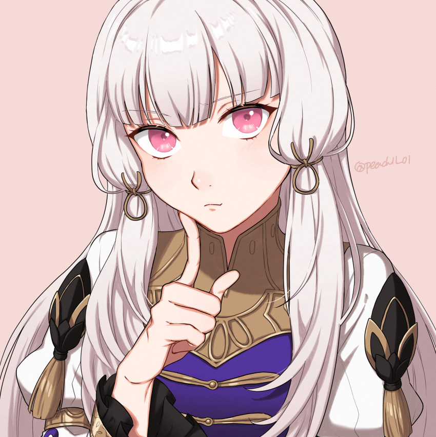 1girl bangs blunt_bangs commentary_request dress finger_to_mouth fire_emblem fire_emblem:_three_houses fire_emblem_warriors:_three_hopes highres index_finger_raised long_hair looking_at_viewer lysithea_von_ordelia official_alternate_costume official_alternate_hairstyle peach11_01 pink_background pink_eyes purple_dress simple_background solo twitter_username two-tone_dress upper_body very_long_hair white_dress white_hair
