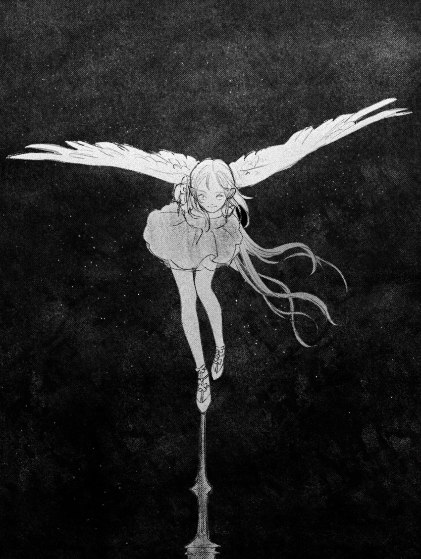 1girl arms_behind_back bent_over breasts dress feathered_wings floating_hair greyscale heart highres long_hair looking_at_viewer monochrome night night_sky on_top_of_pole original outdoors renemesia shoes sky smile solo standing standing_on_one_leg star_(sky) starry_sky thigh-highs very_long_hair wings