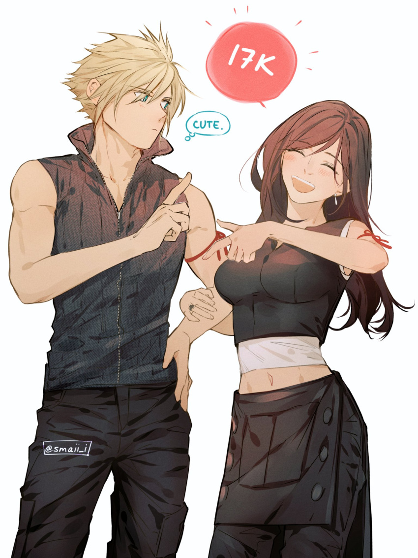 1boy 1girl apron arm_ribbon bare_shoulders black_hair blonde_hair blue_eyes blush breasts brown_hair cloud_strife couple cowboy_shot crop_top earrings english_text final_fantasy final_fantasy_vii final_fantasy_vii_advent_children hand_on_hip hand_up high_collar highres holding_another's_arm index_finger_raised jewelry large_breasts long_hair looking_at_another maiii_(smaii_i) midriff_peek navel pants ribbon ring sleeveless speech_bubble spiky_hair tank_top tifa_lockhart waist_apron white_background