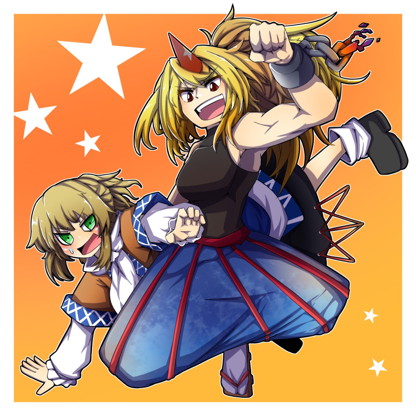 2girls arm_warmers bangs black_footwear black_shirt blonde_hair blue_skirt blush border breasts brown_shirt clenched_hand commentary_request cuffs full_body gradient gradient_background green_eyes highres horns hoshiguma_yuugi hurin_raika long_hair looking_at_viewer medium_breasts medium_hair mizuhashi_parsee multiple_girls open_mouth pointy_ears red_eyes red_horns scarf shackles shirt short_ponytail short_sleeves single_horn skirt sleeveless sleeveless_shirt smile socks star_(symbol) striped striped_skirt tabi touhou white_border white_scarf