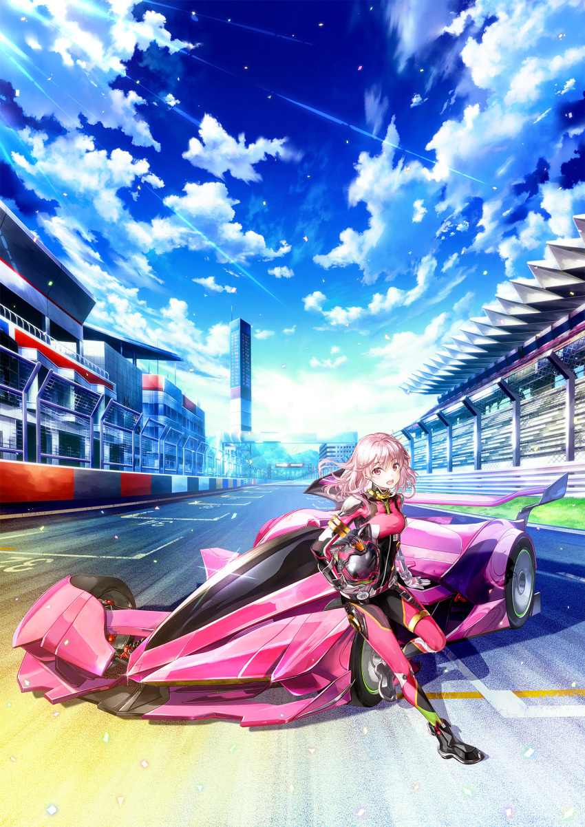 1girl :d black_footwear bodysuit boots car commentary_request fujima_takuya gloves ground_vehicle helmet highres highspeed_etoile holding holding_helmet key_visual long_hair looking_at_viewer motor_vehicle official_art pink_bodysuit pink_hair pink_helmet promotional_art race_vehicle racecar racing_suit rindoh_rin shoulder_pads smile solo sports_car vehicle_focus wide_shot