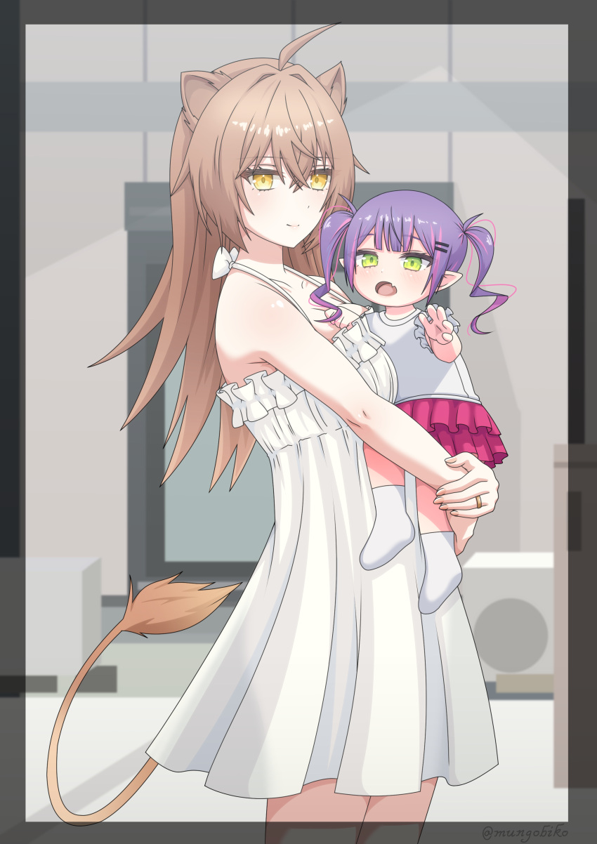 2girls absurdres ahoge animal_ears armpit_crease artist_name border brown_hair carrying carrying_person carrying_under_arm child collarbone creator_connection demon_girl dress english_commentary family_portrait green_eyes hair_ornament hairclip highres hololive indie_virtual_youtuber indoors lion_ears lion_girl lion_tail long_hair looking_at_viewer multiple_girls mungo_biko purple_hair rurudo_lion tail tokoyami_towa tsurime twintails twitter_username virtual_youtuber white_dress younger