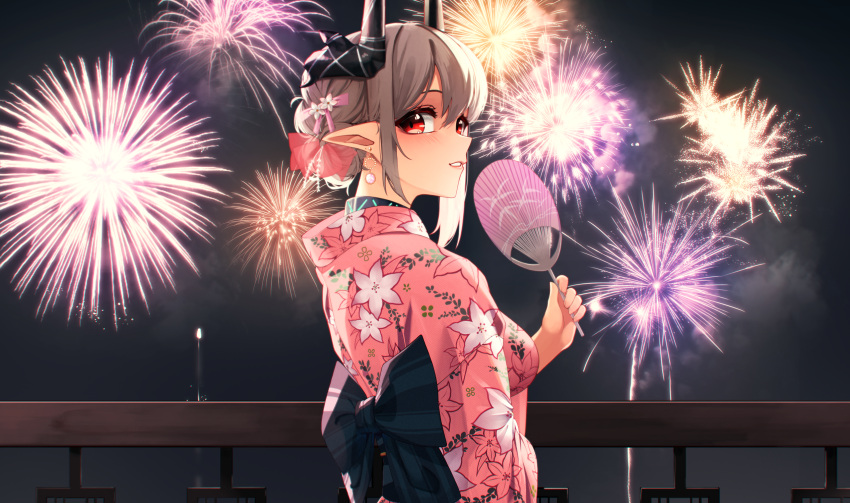 1girl alternate_costume arknights back_bow black_bow blush bow breasts collar earrings fireworks floral_print from_side grey_hair hair_ribbon hand_fan highres holding holding_fan horns infection_monitor_(arknights) japanese_clothes jewelry kasasasagi kimono long_sleeves looking_at_viewer looking_to_the_side medium_breasts mudrock_(arknights) night night_sky paper_fan parted_lips pink_kimono pink_ribbon pointy_ears print_kimono railing red_eyes ribbon short_hair sidelocks sky smile solo uchiwa upper_body