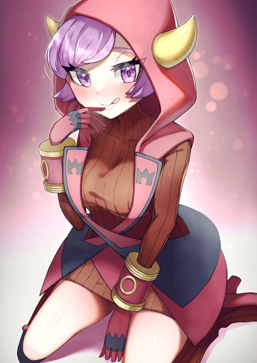 1girl :p blush boots courtney_(pokemon) fake_horns gloves high_heel_boots high_heels highres hood hood_up horns long_sleeves looking_at_viewer pokemon pokemon_(game) pokemon_oras purple_hair red_gloves red_sweater ribbed_sweater rindoriko seiza short_hair sitting solo sweater team_magma tongue tongue_out violet_eyes