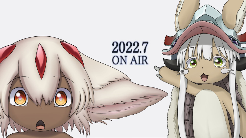 2girls :3 :o animal_ears bright_pupils commentary dark-skinned_female dark_skin english_commentary faputa furry green_eyes hair_between_eyes helmet highres horizontal_pupils horns looking_at_viewer made_in_abyss meme monster_girl multiple_girls nanachi_(made_in_abyss) open_mouth pointing smugbuns two_soyjaks_pointing_(meme) whiskers white_background white_fur white_hair white_pupils yellow_eyes