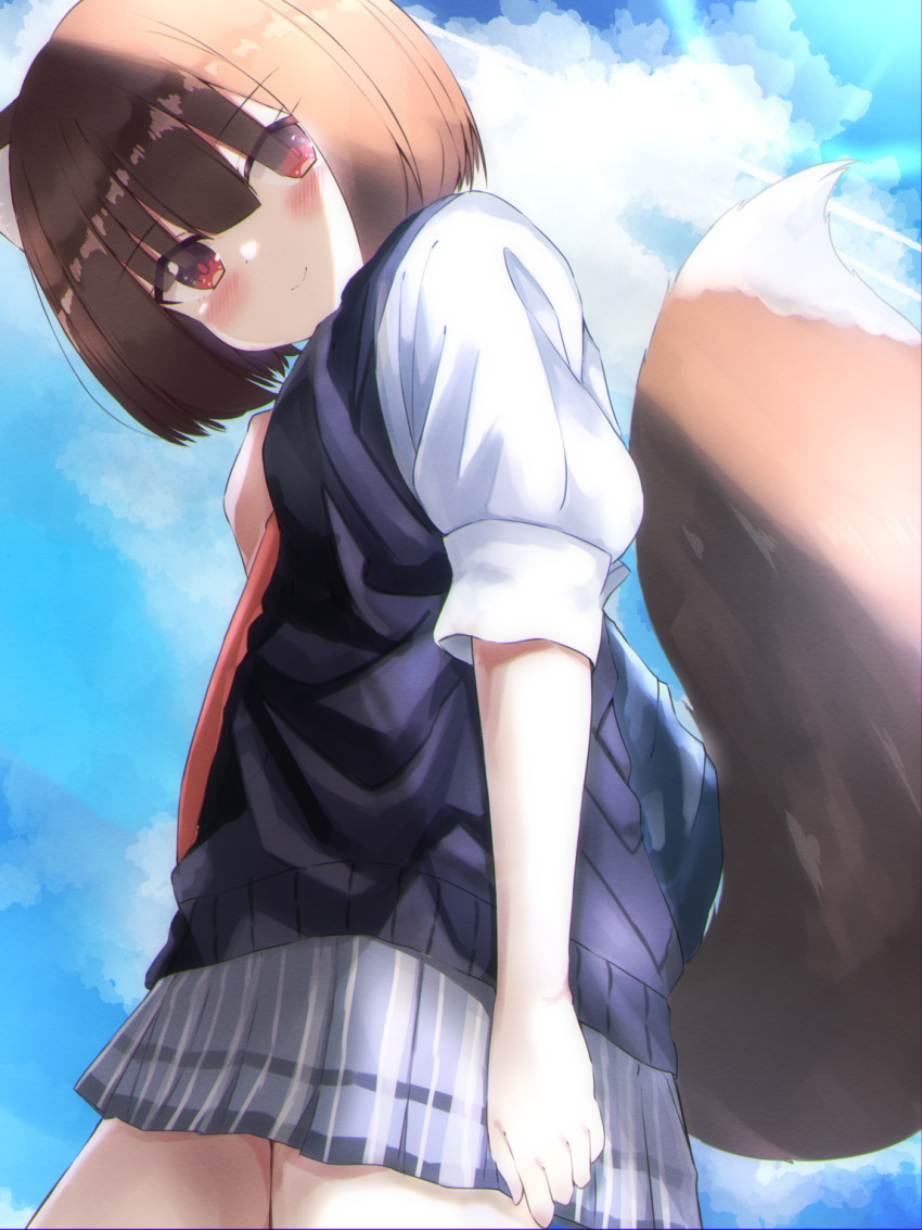 1girl animal_ears ashitaba_kemo bangs blue_sky blush brown_hair closed_mouth clouds commentary_request day fox_ears fox_girl fox_tail from_below from_side grey_skirt hair_between_eyes highres looking_at_viewer looking_down looking_to_the_side original outdoors pleated_skirt puffy_short_sleeves puffy_sleeves red_eyes school_uniform shirt short_sleeves skirt sky smile solo sweater_vest tail white_shirt