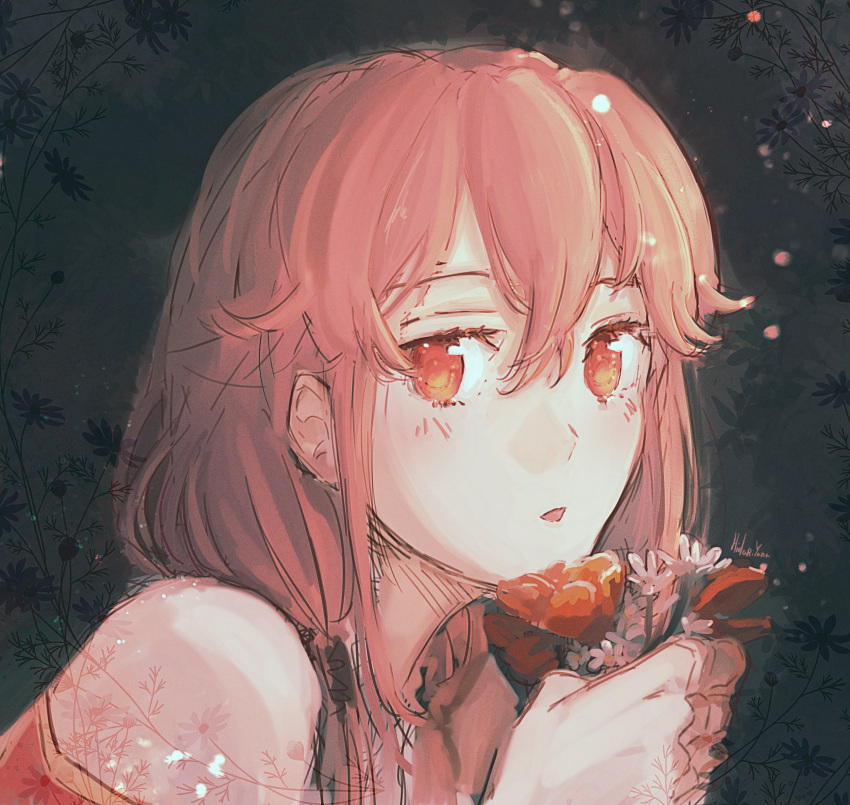 absurdres blush clenched_hands dress eyelashes floral_background floral_dress flower guilty_crown hidariyana highres long_hair looking_at_viewer open_mouth pink_eyes pink_hair red_dress red_flower signature white_flower yuzuriha_inori