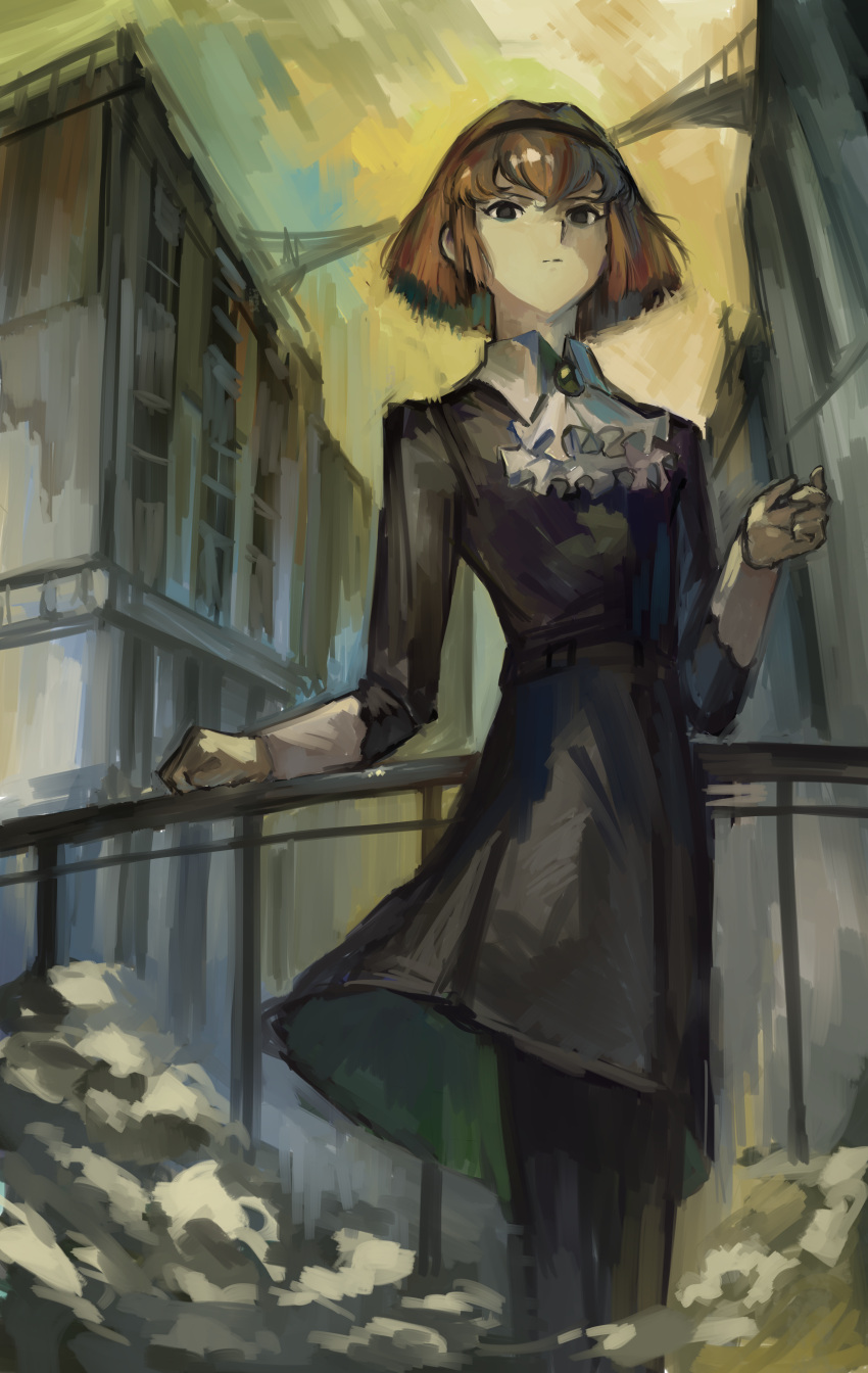 1girl absurdres android ascot bangs black_dress black_eyes black_hairband bob_cut brooch building dress hairband highres jewelry kornod leaning_on_rail outdoors pantyhose r_dorothy_wayneright redhead short_hair standing the_big_o white_ascot