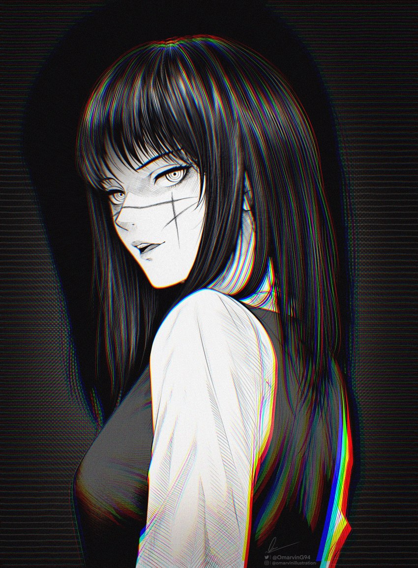1girl absurdres artist_name bangs chainsaw_man commentary_request from_behind greyscale highres instagram_username long_hair long_sleeves looking_at_viewer looking_to_the_side marvin_(omarvin) mitaka_asa monochrome open_mouth scar scar_on_face shirt signature solo twitter_username upper_body watermark