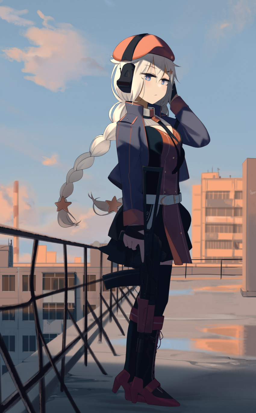 1girl assault_rifle beret black_thighhighs blue_eyes blue_jacket braid building chimney cityscape day flower-shaped_pupils full_body girls_frontline gun hair_ornament hat headset high_heels highres hinami047 holding holding_gun holding_weapon jacket long_hair long_sleeves magazine_(weapon) ots-12 ots-12_(girls'_frontline) outdoors red_footwear red_headwear rifle rooftop solo standing star_(symbol) star_hair_ornament symbol-shaped_pupils thigh-highs twin_braids weapon white_hair