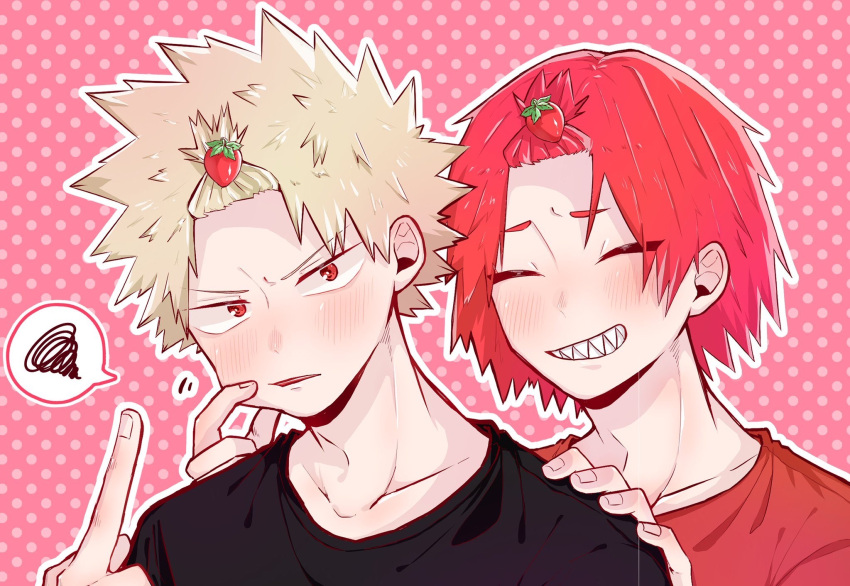 2boys ^_^ bakugou_katsuki bangs_pinned_back black_shirt blonde_hair blush boku_no_hero_academia cheek_pinching closed_eyes food-themed_hair_ornament grin hair_ornament hand_on_another's_shoulder hane11254 highres kirishima_eijirou looking_at_viewer male_focus middle_finger multiple_boys outline pinching pink_background polka_dot polka_dot_background red_eyes red_shirt redhead sharp_teeth shirt smile spiky_hair strawberry_hair_ornament teeth upper_body white_outline