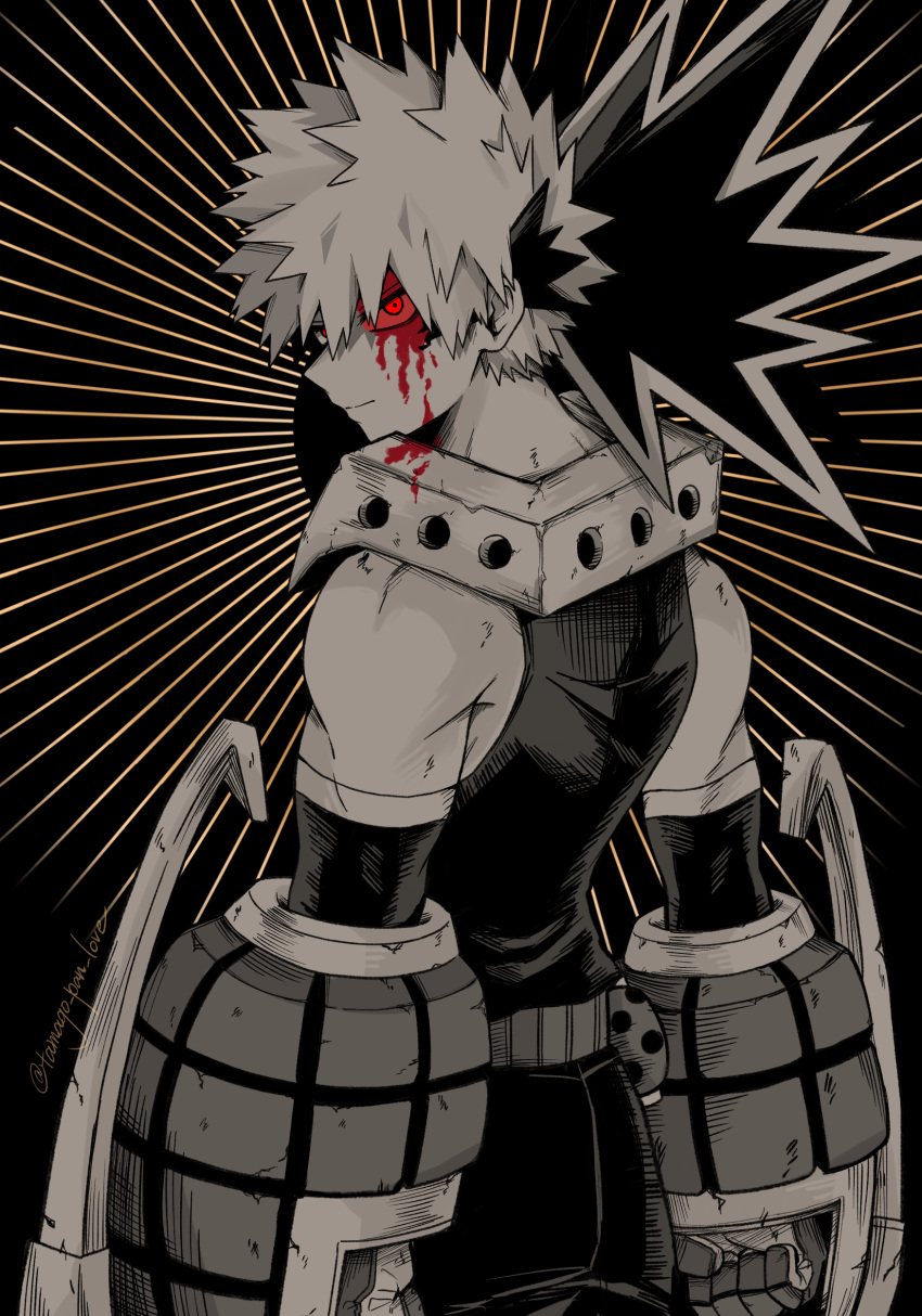 1boy absurdres bakugou_katsuki bare_shoulders black_background blood blood_on_face bodysuit boku_no_hero_academia closed_mouth commentary_request cowboy_shot eye_mask greyscale highres looking_at_viewer looking_back male_focus monochrome red_eyes short_hair simple_background solo spiky_hair spot_color standing tamago_pan_love twitter_username
