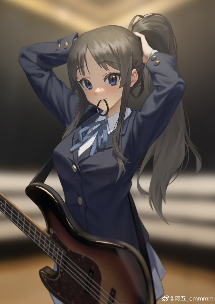 1girl a_wu absurdres akiyama_mio arms_up bangs bass_guitar black_eyes black_hair blazer blue_jacket blunt_bangs blurry blurry_background buttons collared_shirt cowboy_shot hair_tie_in_mouth highres indoors instrument jacket k-on! long_hair long_sleeves looking_at_viewer mouth_hold neck_ribbon parted_bangs ponytail ribbon sakuragaoka_high_school_uniform school_uniform shirt sidelocks skirt smile solo standing tying_hair weibo_logo weibo_username white_shirt white_skirt