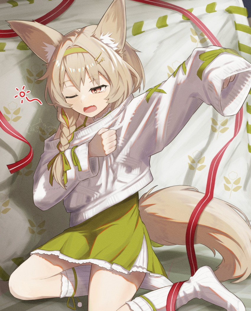 1girl arknights beanstalk_(arknights) beanstalk_(gift_uncompleted)_(arknights) cropped_sweater dress green_dress green_hairband hair_ornament hairband hairclip highres hyena_ears hyena_girl hyena_tail off-shoulder_sweater off_shoulder official_alternate_costume one_eye_closed open_mouth over-kneehighs shironekoban sleeves_past_fingers sleeves_past_wrists socks solo sweater thigh-highs waking_up white_socks white_sweater yawning