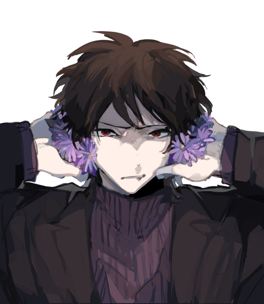 1boy black_jacket brown_hair chinese_commentary clenched_teeth commentary_request covering_ears daisy flower harada_minoru highres jacket long_sleeves male_focus meng4294 open_clothes open_jacket portrait purple_flower purple_sweater red_eyes ribbed_sweater saibou_shinkyoku short_hair simple_background solo sweater teeth turtleneck turtleneck_sweater white_background
