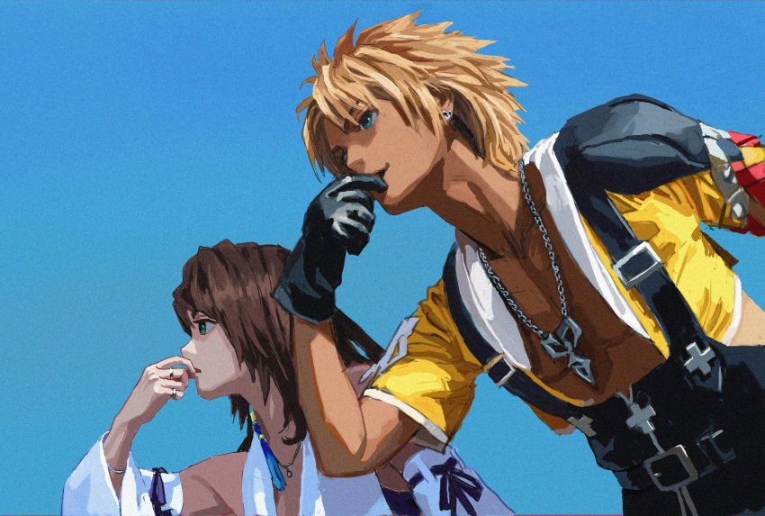 1boy 1girl bangs beads belt black_gloves blonde_hair blue_background blue_eyes brown_hair chain_necklace couple cropped_hoodie detached_sleeves earrings final_fantasy final_fantasy_x gloves hair_beads hair_ornament hand_to_own_mouth highres hood hoodie jewelry medium_hair necklace open_clothes open_shirt parted_bangs parted_lips pendant ring shiren_(ourboy83) short_hair short_sleeves single_earring suspenders tidus upper_body whistling wide_sleeves yuna_(ff10)