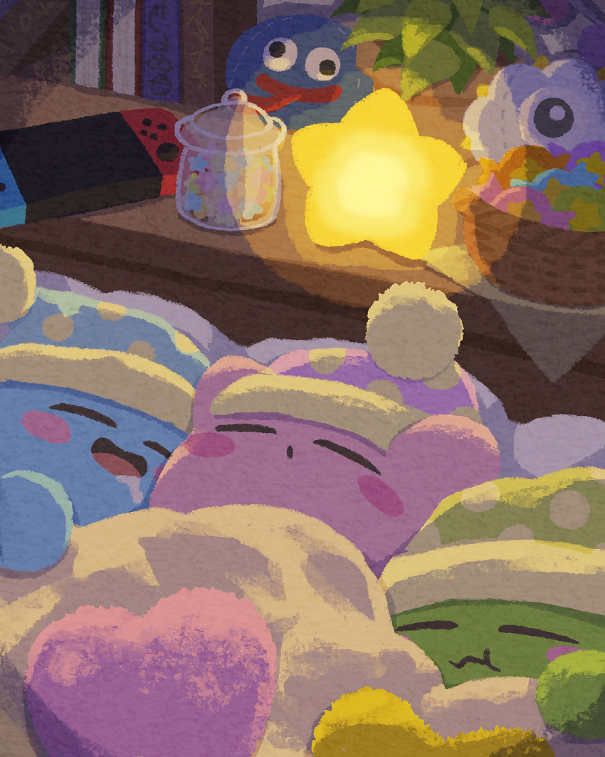 basket bed bed_sheet blush book candy closed_eyes desk food highres hug kirby kirby_(series) lamp light light_rays miclot nintendo nintendo_switch open_mouth outstretched_arms pajamas saliva saliva_trail sleeping spread_arms star_(symbol) stuffed_toy tongue