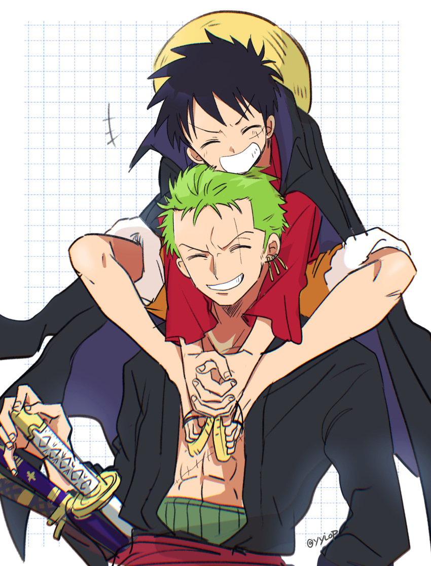 2boys ^_^ ^o^ arms_around_neck black_hair black_shirt closed_eyes coat coat_on_shoulders green_hair grin haramaki hat hat_removed headwear_removed highres hug male_focus monkey_d._luffy multiple_boys one_piece red_shirt roronoa_zoro sandals scar scar_across_eye scar_on_chest scar_on_face sheath sheathed shirt shorts simple_background sitting_on_shoulder smile straw_hat sword weapon yaoi yayoi_(yyi_op)