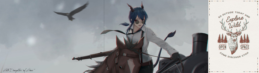 1girl absurdres alternate_costume arknights bird black_gloves black_necktie blue_hair ch'en_(arknights) cjmy clouds cloudy_sky collared_shirt day dragon_girl dragon_horns dragon_tail english_text eyewear_on_head gloves gun highres holding holding_gun holding_weapon horns horseback_riding long_hair long_sleeves low_ponytail necktie open_mouth outdoors red_eyes riding shirt sky solo sunglasses tail v-shaped_eyebrows weapon white_shirt
