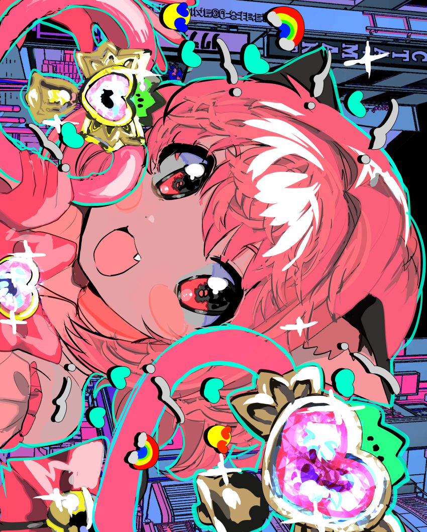 1girl absurdres animal_ears bell blush_stickers bow cat_ears cat_girl fang heart highres jingle_bell magical_girl mew_ichigo momae_makku momomiya_ichigo open_mouth pink_eyes pink_hair rainbow short_hair solo tail tail_bell tail_bow tail_ornament tokyo_mew_mew