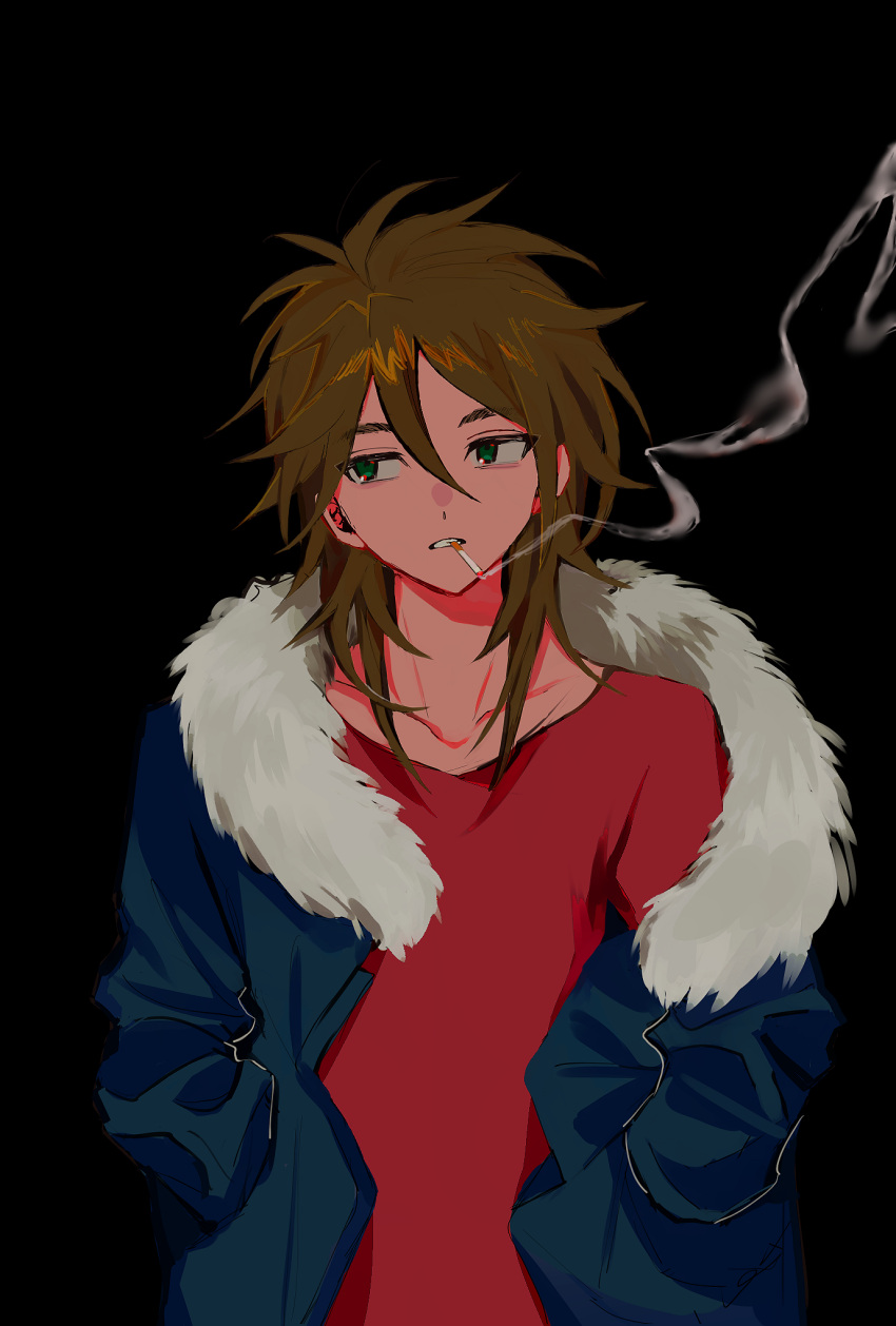 1boy black_background blue_jacket brown_hair chinese_commentary cigarette commentary_request fur_trim green_eyes hands_in_pockets highres isoi_reiji jacket long_sleeves male_focus matsuebi medium_hair open_clothes open_jacket red_shirt saibou_shinkyoku shirt simple_background smoke smoking solo upper_body